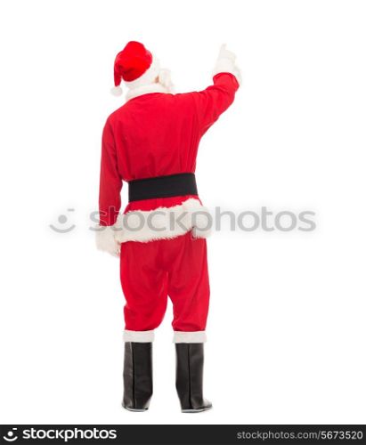 christmas, holidays and people concept - man in costume of santa claus pointing finger from back