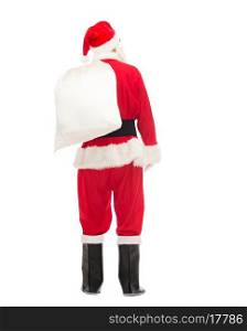 christmas, holidays and people concept - man in costume of santa claus with bag from back