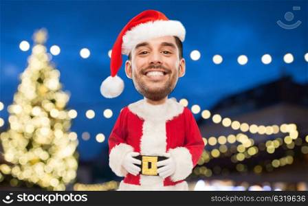 christmas, holidays and people concept - smiling man in santa claus costume over lights background (funny cartoon style character with big head). man in santa claus costume over christmas lights