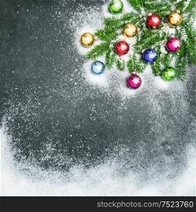 Christmas holidays background. Christmas decorations and ornaments with snow
