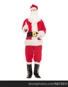 christmas, holidays, gesture and people concept- man in costume of santa claus showing thumbs up