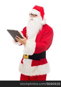 christmas, holidays, technology and people concept - man in costume of santa claus with tablet pc computer