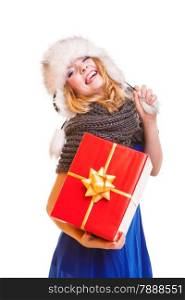 Christmas holidays valentine&#39;s day, celebration and happy people concept - blonde girl in winter fur hat with red gift box present isolated