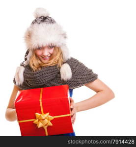 Christmas holidays valentine&#39;s day, celebration and happy people concept - blonde girl in winter fur hat with red gift box present isolated