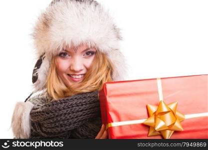 Christmas holidays valentine&#39;s day, celebration and happy people concept - blonde girl in winter fur hat with red gift box present isolated