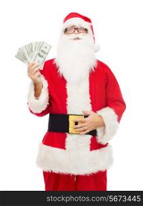 christmas, holidays, winning, currency and people concept - man in costume of santa claus with dollar money