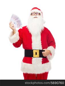 christmas, holidays, winning, currency and people concept - man in costume of santa claus with euro money