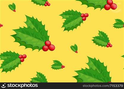 Christmas holly berry seamless vector pattern. Xmas Green and red small plant wrap paper design.