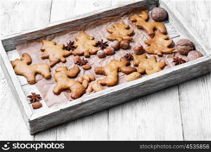 Christmas homemade cookies. Homemade Christmas cookies holiday symbols in a wooden box