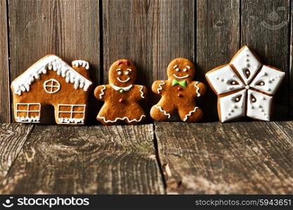 Christmas homemade gingerbread cookies cookies on wooden table