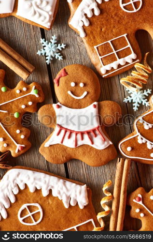 Christmas homemade gingerbread cookies on wooden table