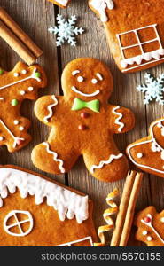 Christmas homemade gingerbread cookies on wooden table