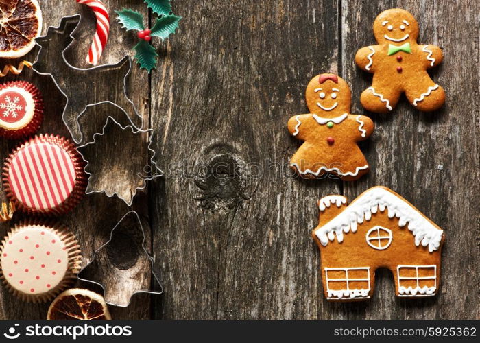 Christmas homemade gingerbread cookies on wooden table