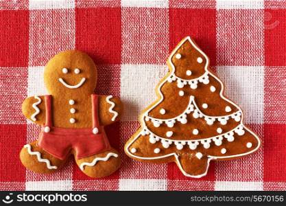 Christmas homemade gingerbread man on tablecloth