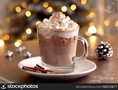 Christmas hot chocolate with marshmallows in glass cup on table.AI Generative