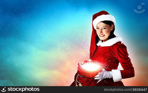 Christmas illlustration of beautiful girl in santa costume