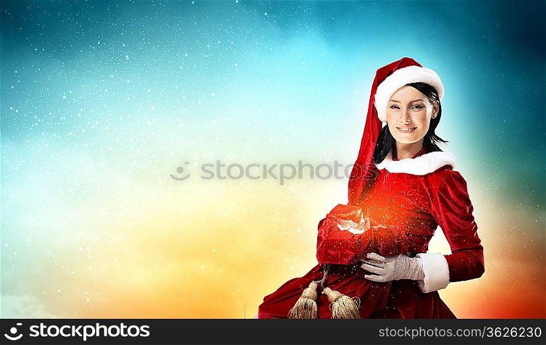Christmas illlustration of beautiful girl in santa costume