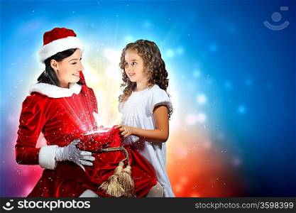 Christmas illlustration of little girl with christmas gifts and santa