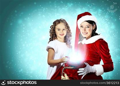 Christmas illlustration of little girl with christmas gifts and santa