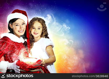 Christmas illlustration of little girl with christmas gifts and santa