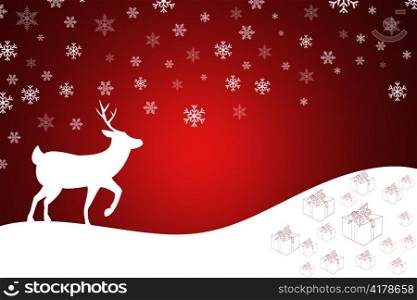 Christmas illustration with reindeer on red with falling snowflakes