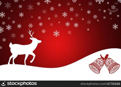 Christmas illustration with reindeer on red with falling snowflakes