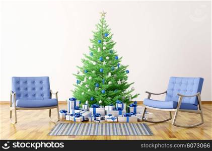Christmas interior of a room with fir tree and rocking chairs 3d rendering