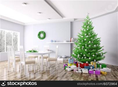 Christmas interior of living room with christmas tree and gifts 3d rendering
