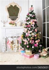 christmas interior with gifts unfer tree