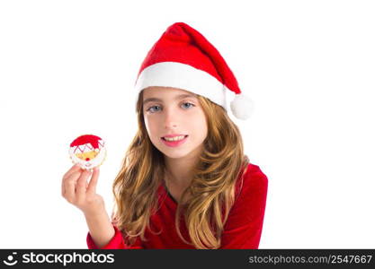 Christmas kid girl holding Xmas Santa cookie isolated on white background