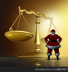 Christmas law and winter holiday legal issues as santaclaus standing in front of a justice scale with 3D render elements.