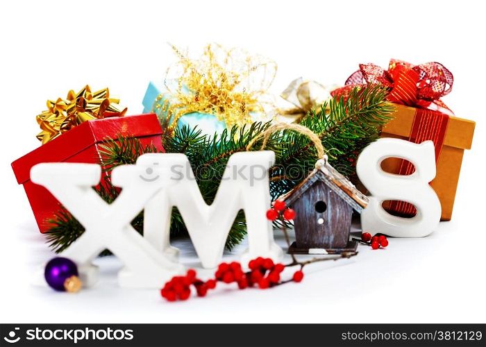 Christmas letters with decorations over white
