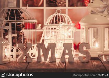 Christmas light and wooden letter decorations in shabby chic style. Christmas light