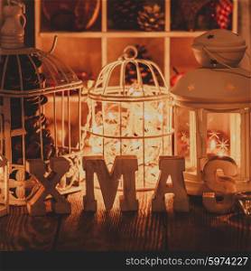 Christmas light and wooden letter decorations in shabby chic style. Christmas light