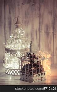 Christmas light decoration in a white bird cage.