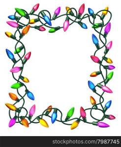 Christmas lights frame isolated on a white background as a decorated border with illuminated colourful bulbs on tangled electric wire..