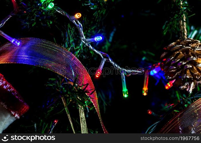 Christmas lights hanging in the Christmas tree
