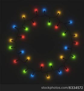 Christmas lights round frame background. 3D illustration. Colorful garland circle.. Christmas lights round frame