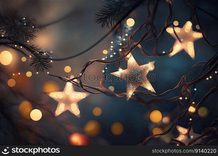 Christmas Lights - Stars String Hanging At Fir Branches. Illustration Generative AI 