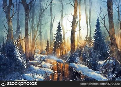 Christmas magic winter landscape with evergreen tree and snow, watercolor illustration. Aurora Borealis on night sky