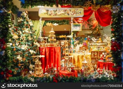 Christmas market decorated and illuminated in Bruges, Belgium.