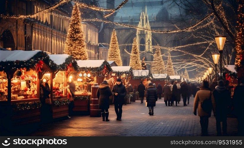 Christmas Market Illuminated in Big City Blur. Generative ai. High quality illustration. Christmas Market Illuminated in Big City Blur. Generative ai