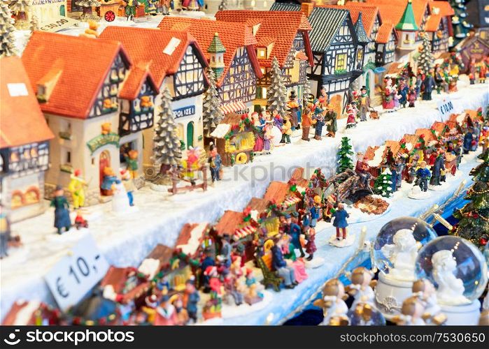 Christmas market kiosk details - coloful traditional austrian houses. Christmas market kiosk details