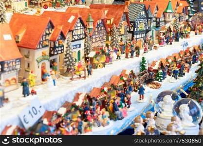 Christmas market kiosk details - coloful traditional austrian houses. Christmas market kiosk details