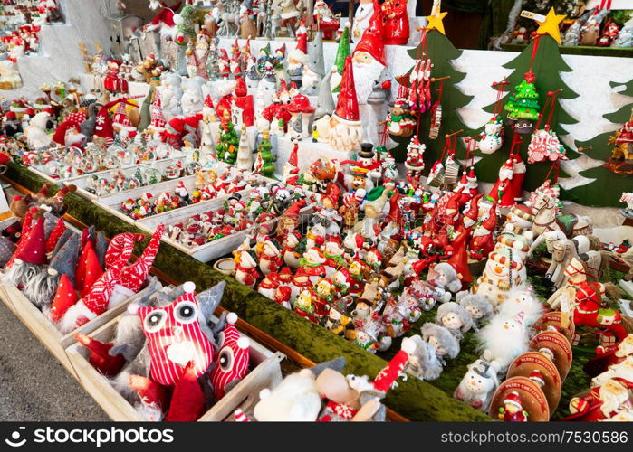 Christmas market kiosk details - traditional festive figurines decorations. Christmas market kiosk details