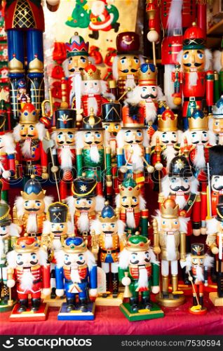 Christmas market kiosk details - traditional festive figurines decorations. Christmas market kiosk details
