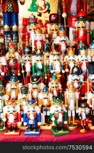 Christmas market kiosk details - traditional festive figurines decorations. Christmas market kiosk details