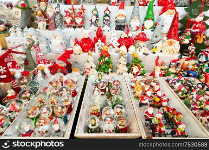 Christmas market kiosk details - traditional snowballs and festive decorations. Christmas market kiosk details