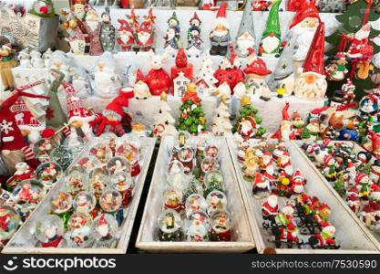 Christmas market kiosk details - traditional snowballs and festive decorations. Christmas market kiosk details