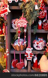 Christmas market kiosk details with santa claus figurine. Christmas market kiosk details
